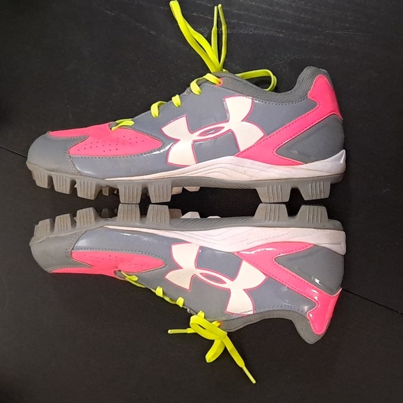 Like new! Under Armor neon pink, yellow, and gray cleats, sz 10 - Picture 4 of 10